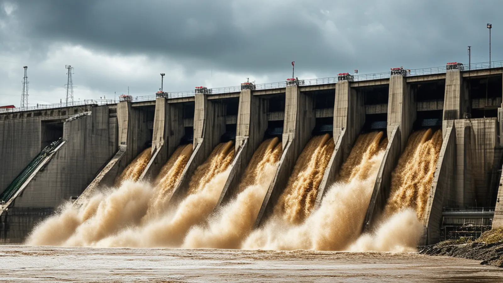 Ein fotorealistisches KI-Bild eines Dammes, der Wassermassen entlässt und überflutet.