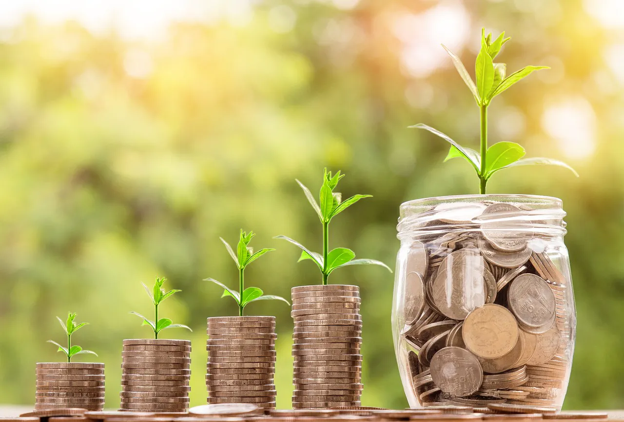 Stacks, in ascending height, of coins, topped with seedlings that are also growing in height.