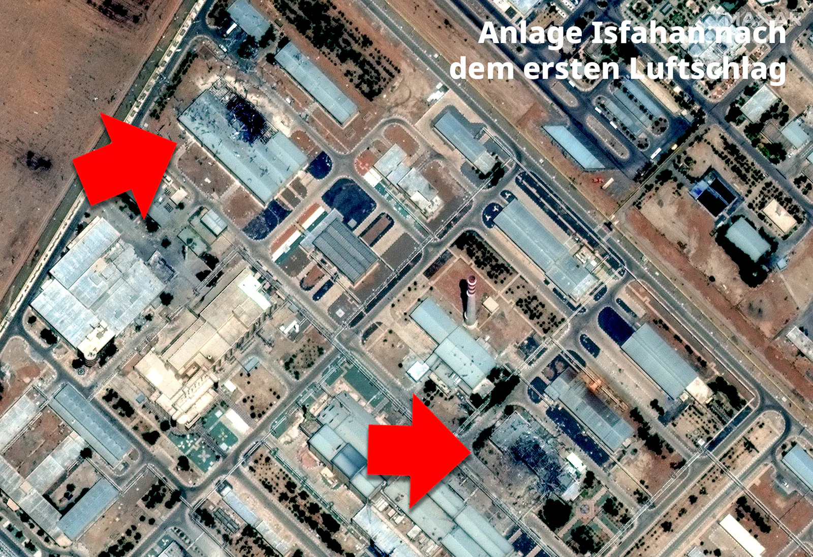 Satellitenbild Isfahan, zwei Gebäude wurden sehr genau zerstört.
