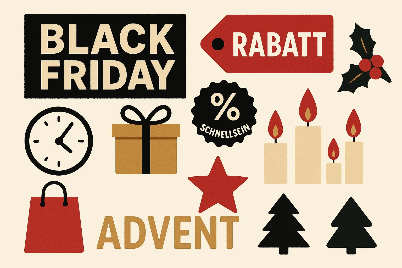 Grafik zeigt Symbole von Advent und Black Friday.