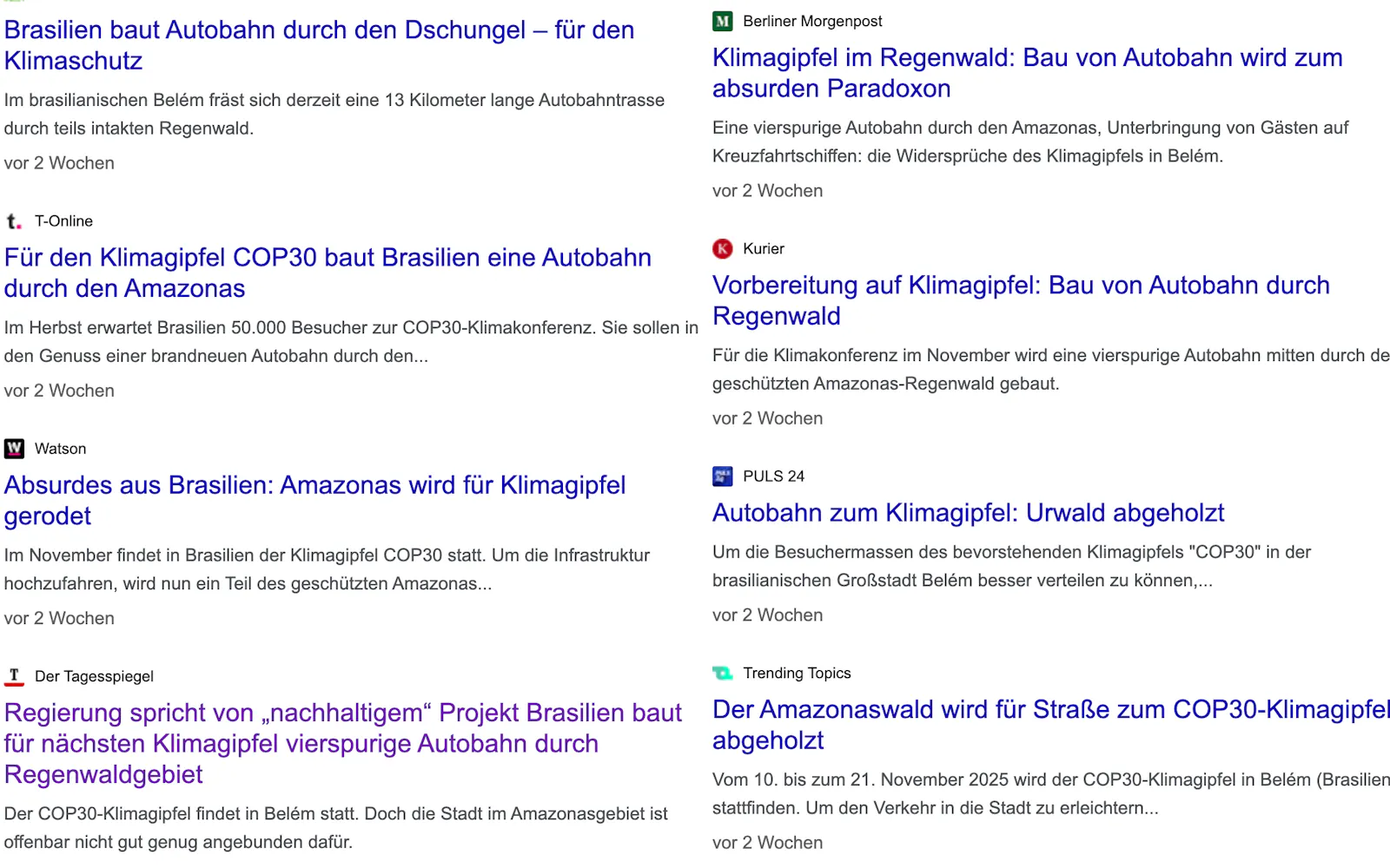 Sammlung von Schlagzeilen zum Autobahnbau in Belém