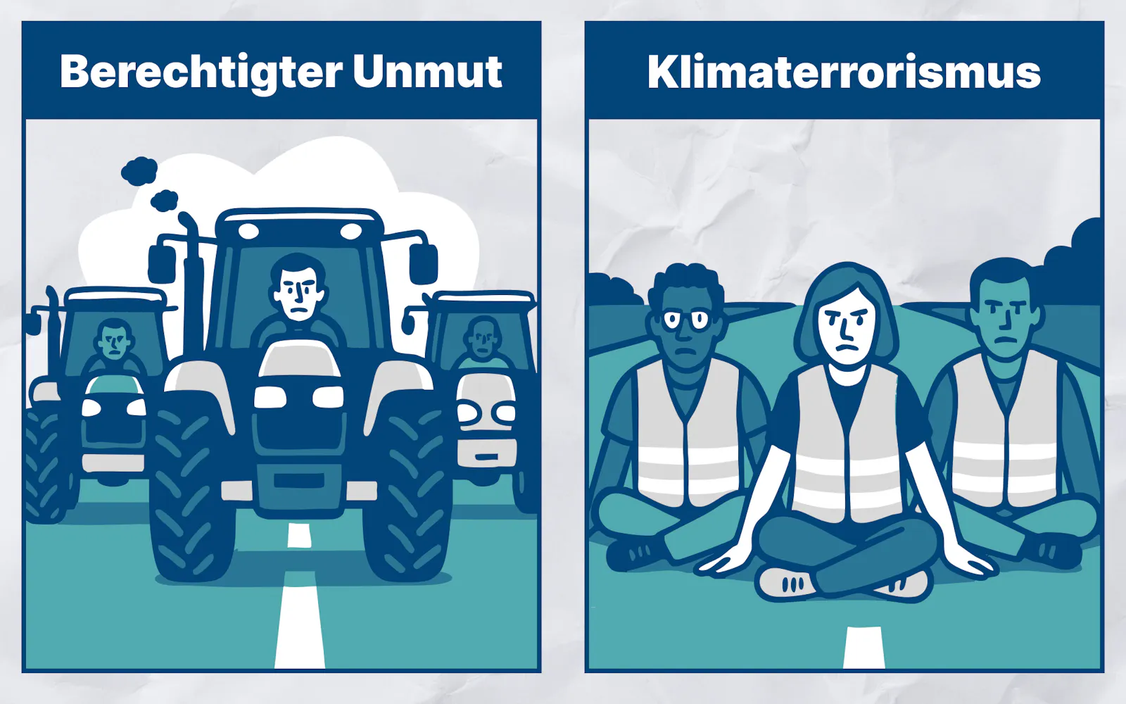 Links blockieren Traktoren eine Straße, Überschrift "Berechtigter Unmut"; rechts blockieren Menschen in Warnwesten eine Straße, Überschrift "Klimaterrorismus".