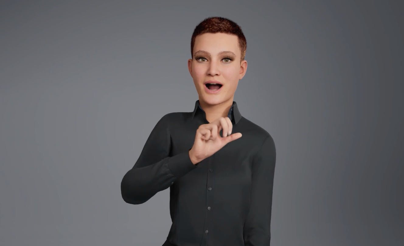 KI generierte Person mit kurzen, braunen Haaren, dunkelgrauem Shirt gebärdet, der Hintergrund ist hellgrau.