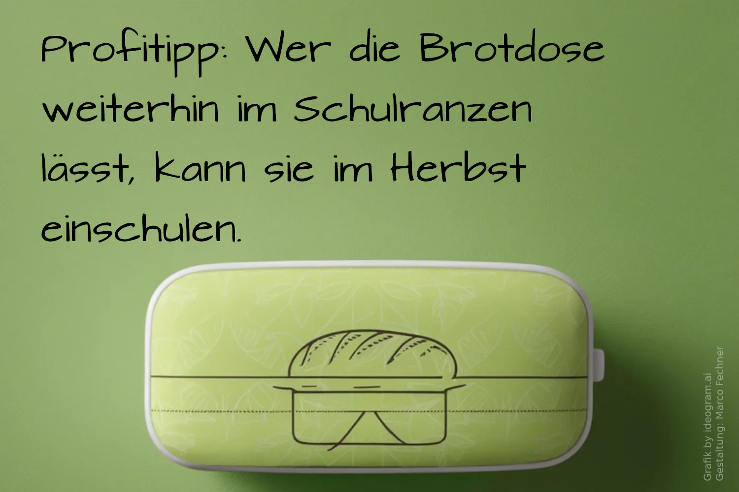 Eine Grafik einer Brotdose vor grünem Hintergrund. Das Bild ist überschrieben mit dem Schriftzug: "Profitipp: Wer die Brotdose weiterhin im Schulranzen lässt, kann sie im Herbst einschulen."