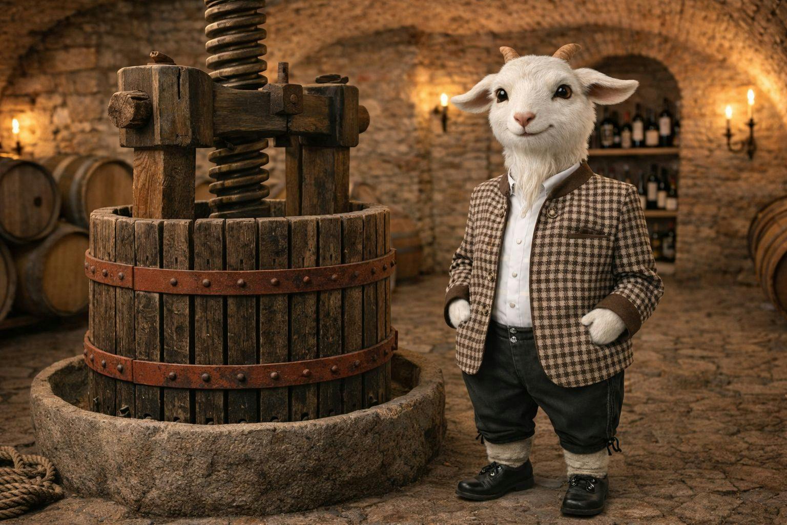 KI-generiertes Bild einer Ziege in einem Weinkeller