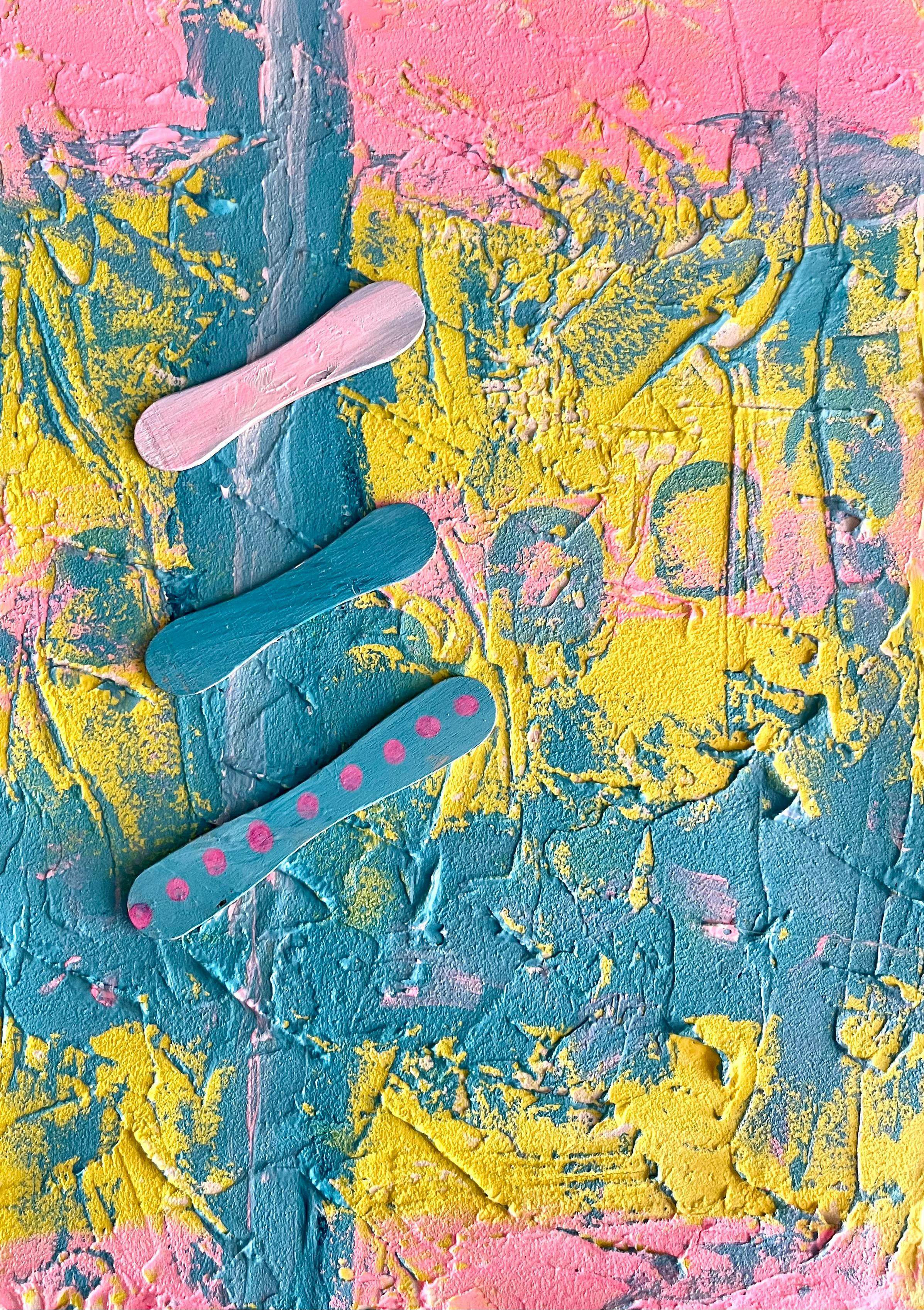 abstraktes Bild in Gelb, Türkis und Pink