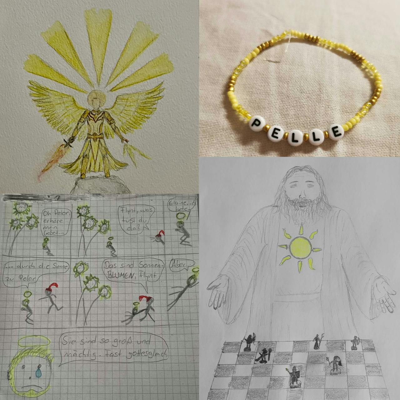 Vier Fanarts zum Thema Pelor. Links oben Flynt, links unten ein Comic wie Flynt Sonnenblumen anbetet und von Elaynie darauf hingewiesen wird, dass es sich bei den Sonnenblumen nicht um Pelor handelt, rechts oben ein goldenes, selbstgeknüpftes Armband mit dem Schriftzug „Pelle“ und rechts unten eine Zeichnung von Pelor, der vor sich ein Schachbrett mit Spielfiguren hat.