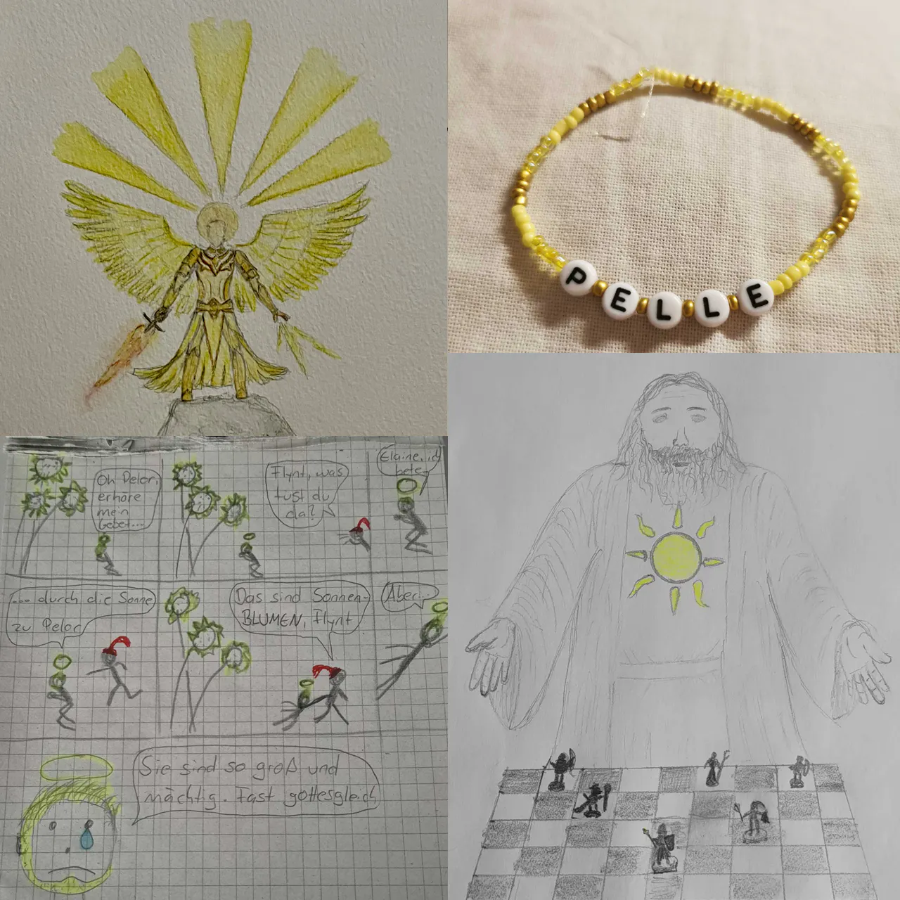 Vier Fanarts zum Thema Pelor. Links oben Flynt, links unten ein Comic wie Flynt Sonnenblumen anbetet und von Elaynie darauf hingewiesen wird, dass es sich bei den Sonnenblumen nicht um Pelor handelt, rechts oben ein goldenes, selbstgeknüpftes Armband mit dem Schriftzug „Pelle“ und rechts unten eine Zeichnung von Pelor, der vor sich ein Schachbrett mit Spielfiguren hat.