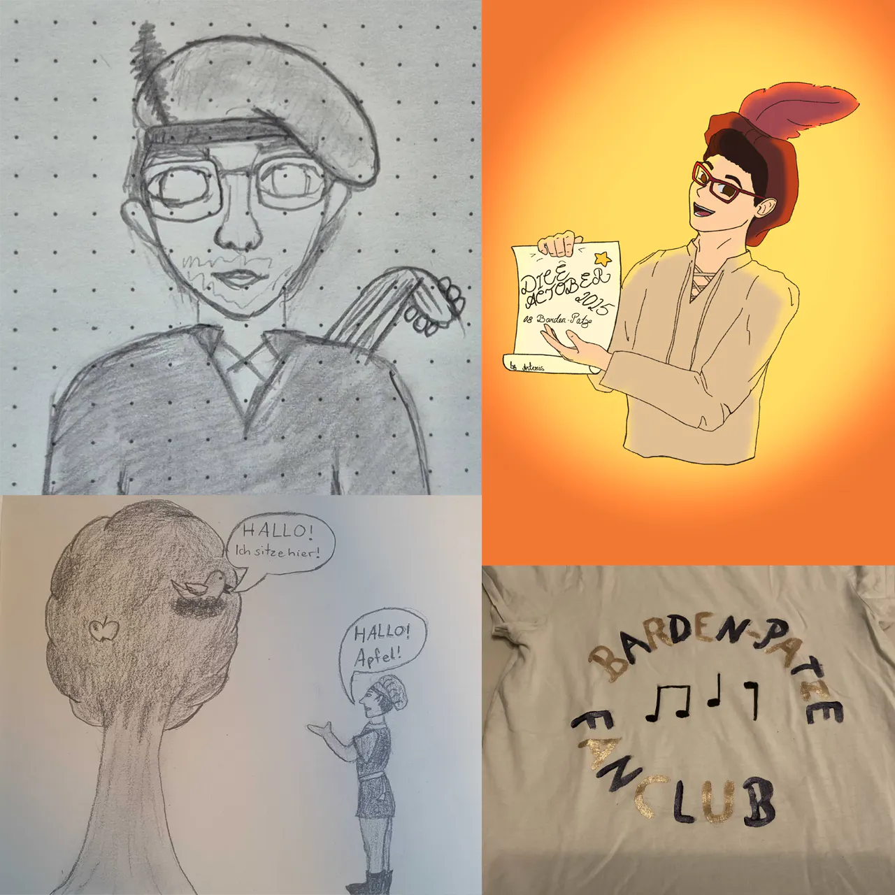 Vier Fanarts zum Thema Barden-Patze. Patze wurde unterschiedlich in Szene gesetzt.