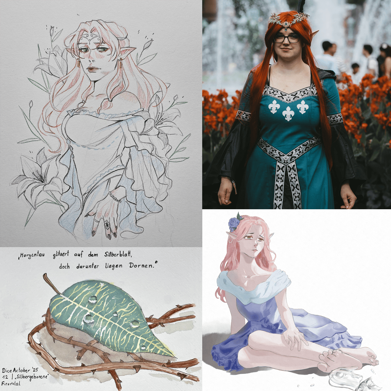 Vier Fanarts zum Thema Silbergeborene. Links oben ein gezeichnetes Portrait von Elaynie, darunter eine Zeichnung vom Siberblatt mit den Worten „Morgentau glitzert auf dem Silberblatt, doch darunter liegen Dornen“. Rechts oben ein Foto von einem Elaynie-Cosplay und darunter eine weitere Zeichnung von Elaynie.