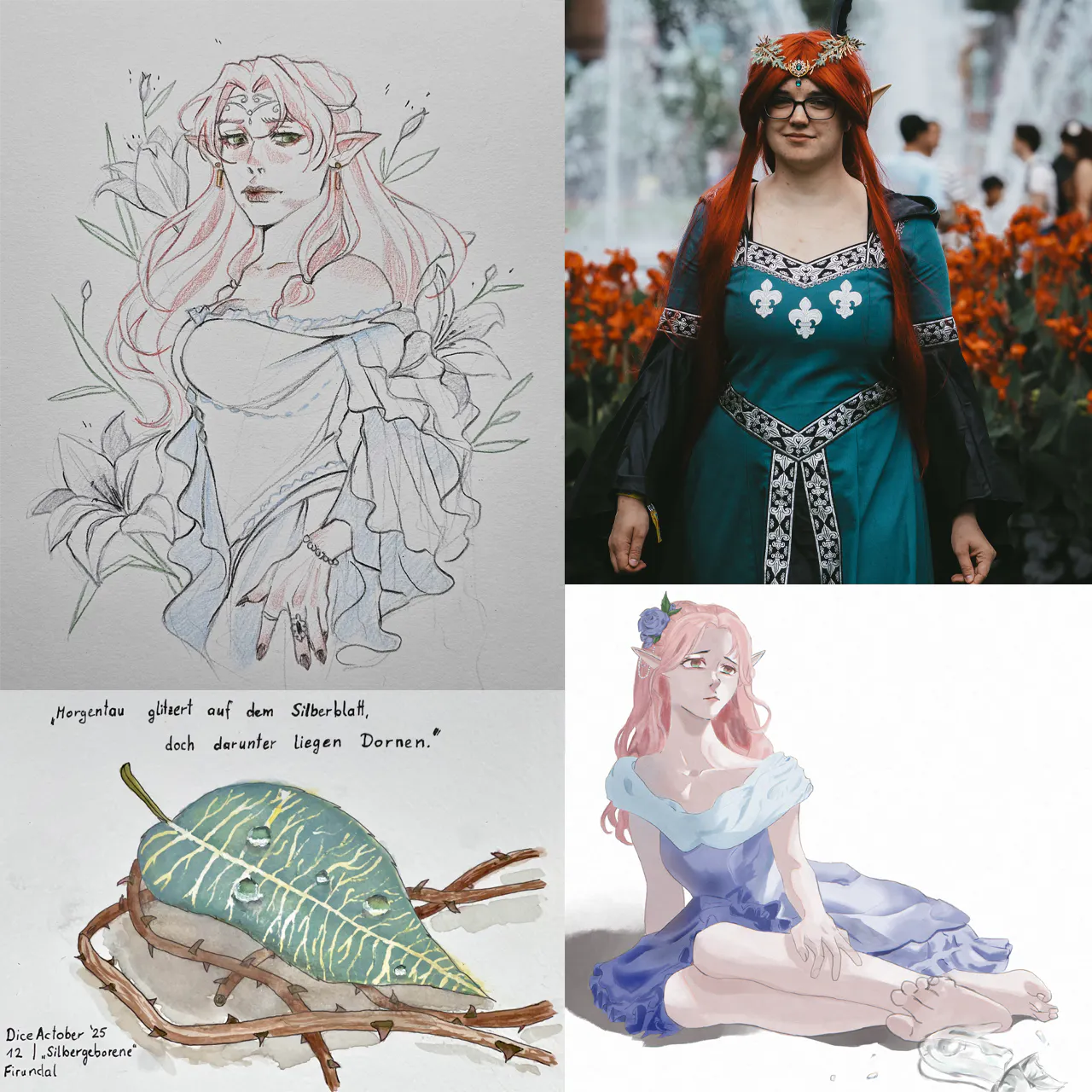 Vier Fanarts zum Thema Silbergeborene. Links oben ein gezeichnetes Portrait von Elaynie, darunter eine Zeichnung vom Siberblatt mit den Worten „Morgentau glitzert auf dem Silberblatt, doch darunter liegen Dornen“. Rechts oben ein Foto von einem Elaynie-Cosplay und darunter eine weitere Zeichnung von Elaynie.