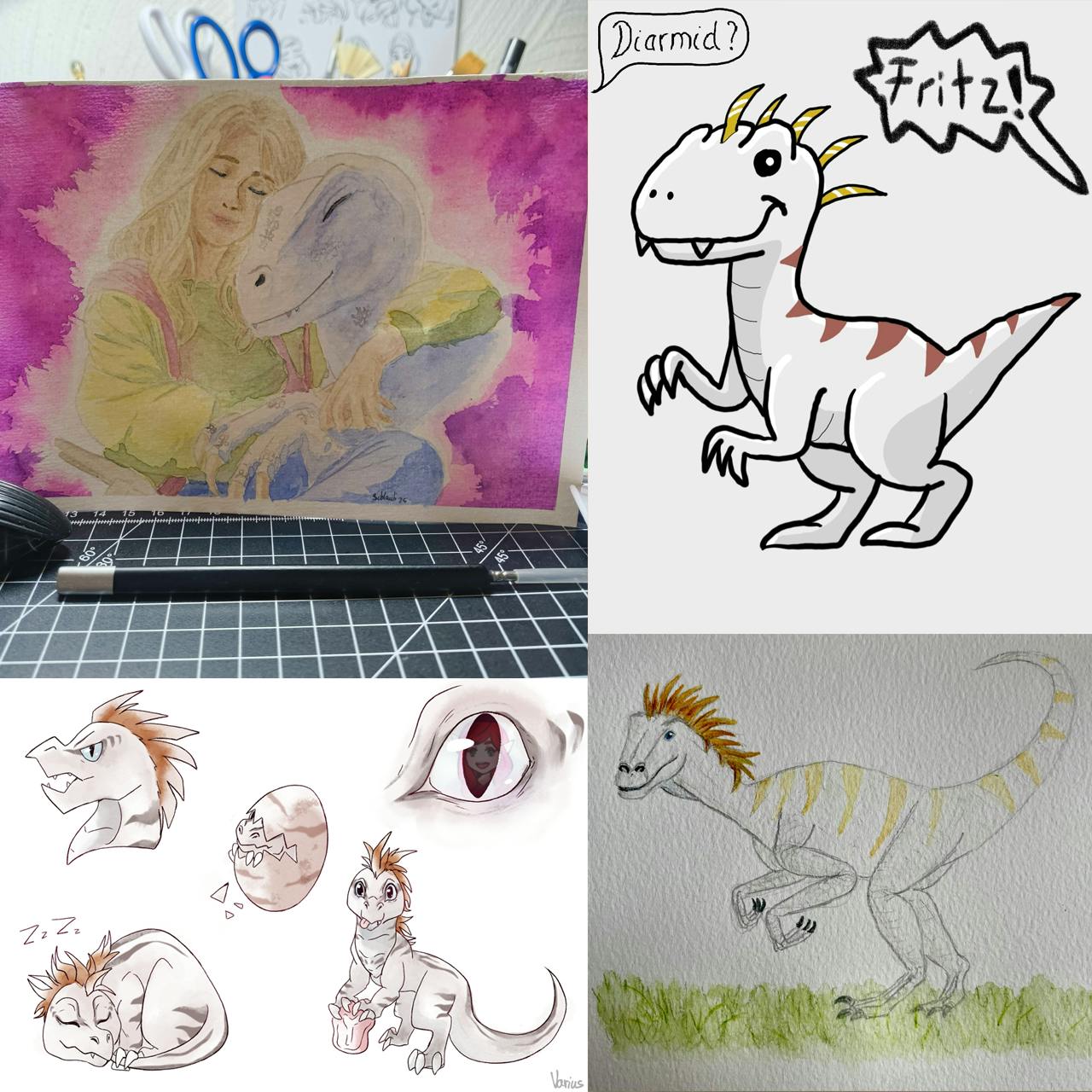 Vier Fanarts zu Diarmid, dem Dinosaurier, der Elaynie seit ihrer Kindheit begleitet.