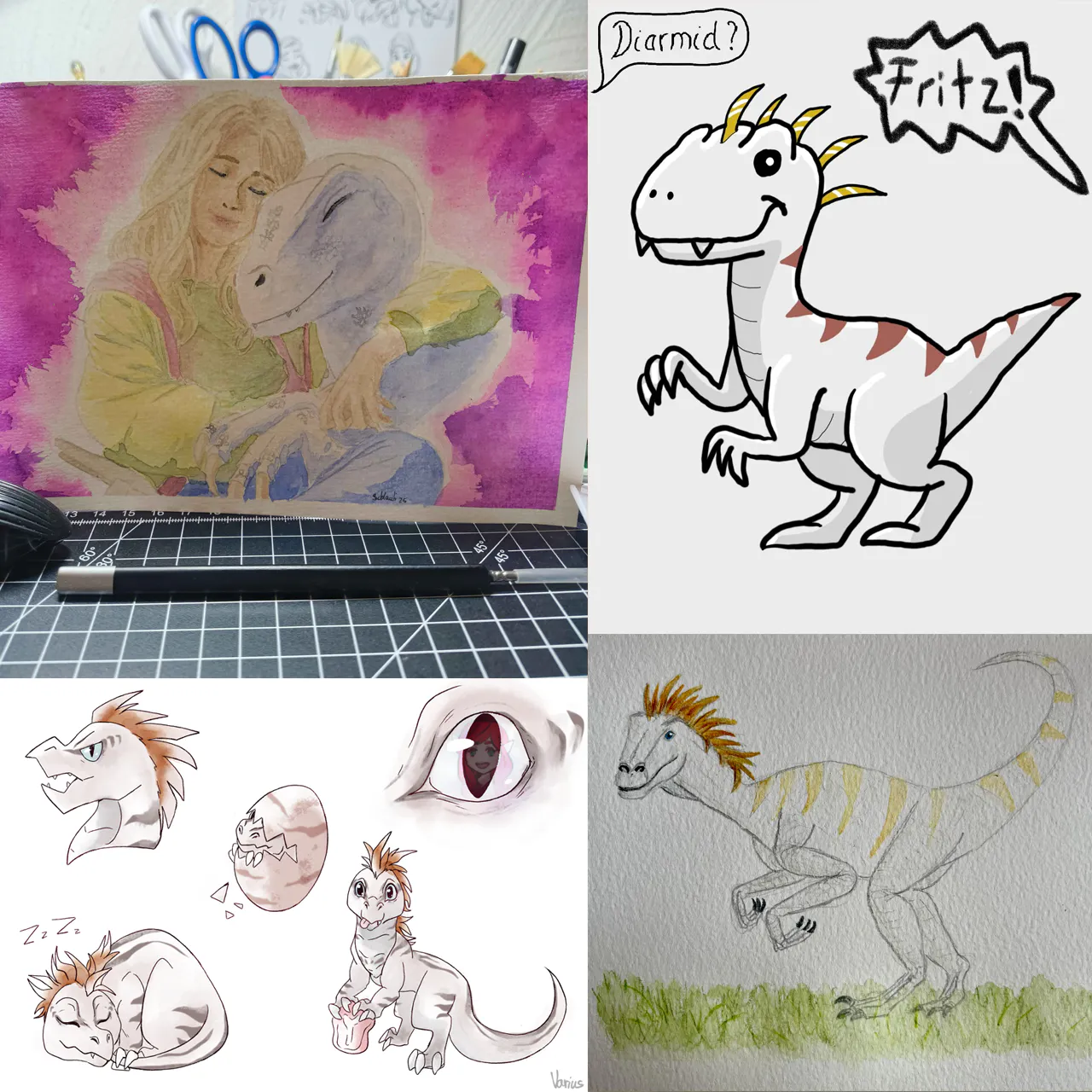 Vier Fanarts zu Diarmid, dem Dinosaurier, der Elaynie seit ihrer Kindheit begleitet.