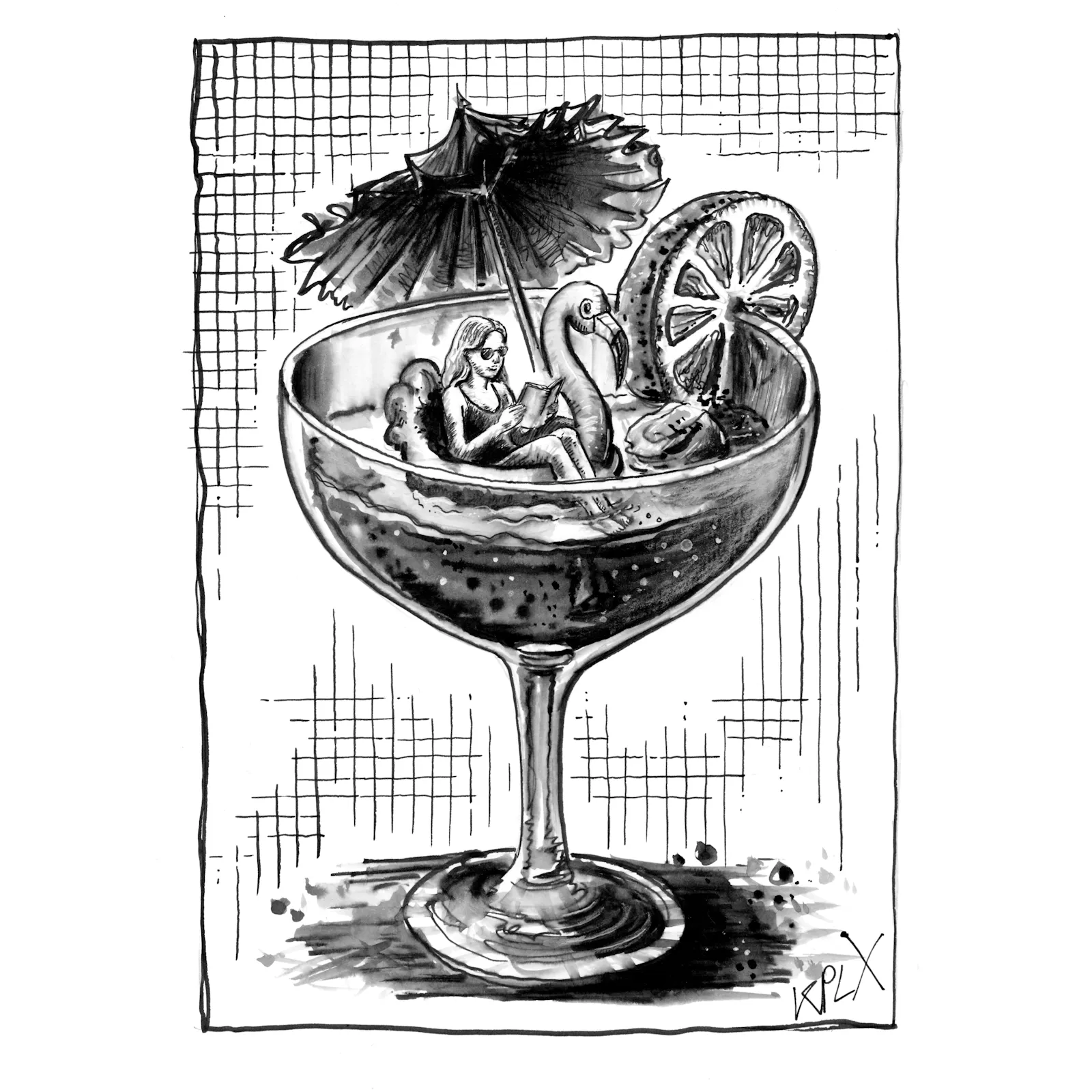Eine A4 Schwarz-Weiß-Tuschezeichnung zeigt ein Cocktailglas mit Zitronenscheibe und Cocktail-Schirmchen. Auf der Oberfläche des Drinks treibt ein aufblasbarer Flamingo-Schwimmring, in dem eine Frau mit Sonnenbrille und langen Haaren entspannt sitzt und ein Buch liest. Sie wirkt gelassen und genießt die Ruhe in dieser surrealen Szene.
