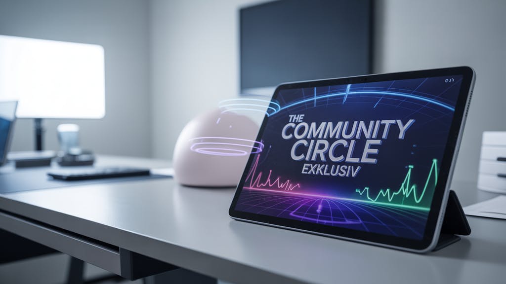 Futuristisches Daten-Dashboard auf einem Tablet zur Analyse von Affiliate-Tracking-Daten. Exklusiver Beitrag aus dem The Community Circle.