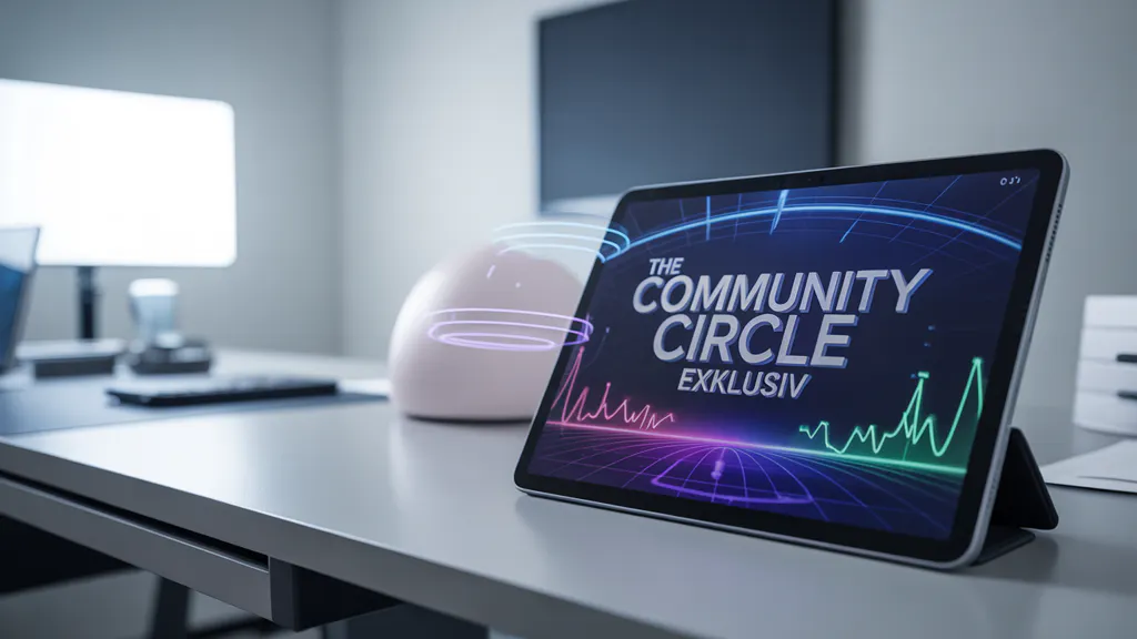 Futuristisches Daten-Dashboard auf einem Tablet zur Analyse von Affiliate-Tracking-Daten. Exklusiver Beitrag aus dem The Community Circle.