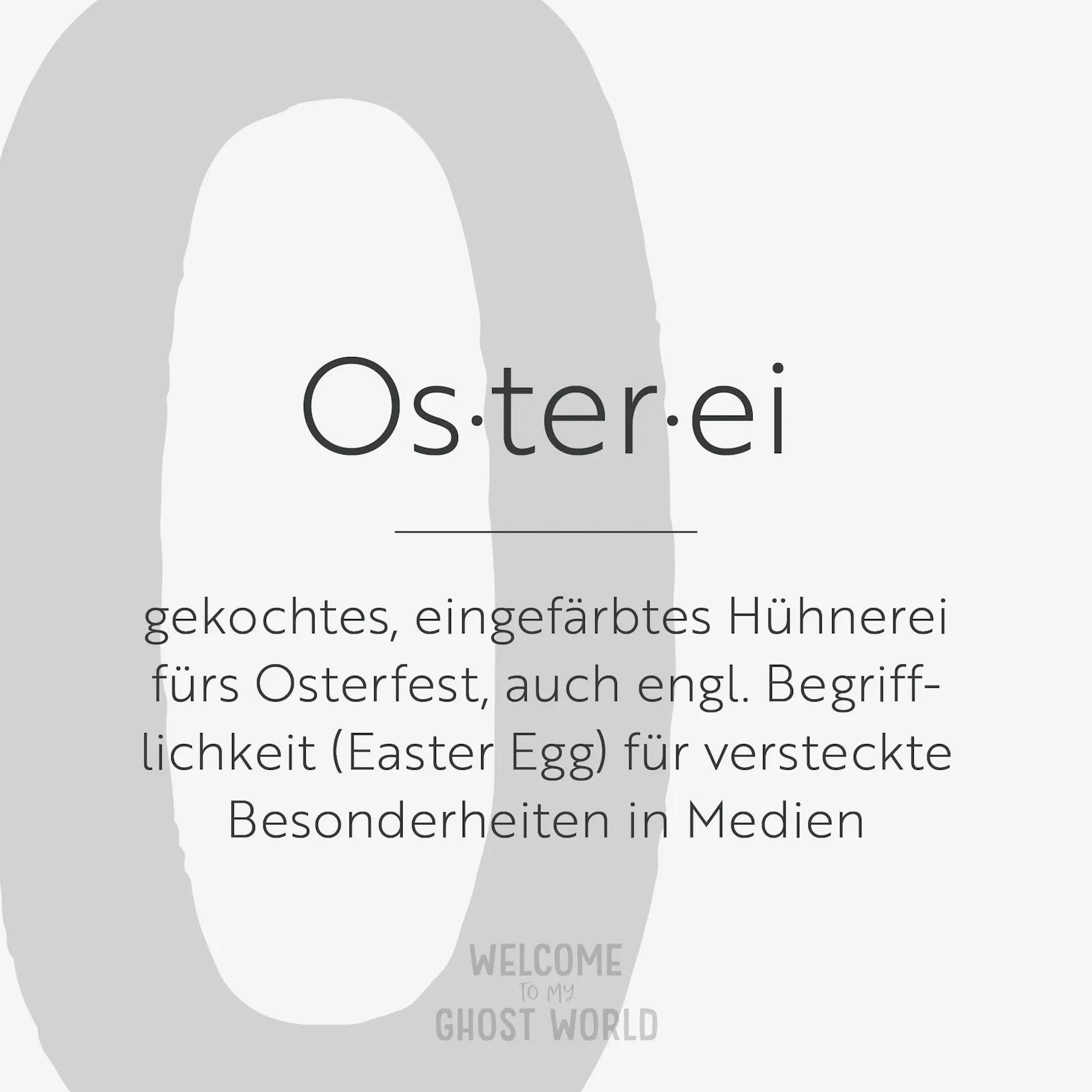 Ein großes graues O auf hellem Hintergrund. Darauf der Text:
Osterei – gekochtes, eingefärbtes Hühnerei fürs Osterfest, auch englische Begrifflichkeit (Easter Egg) für versteckte Besonderheiten in Medien