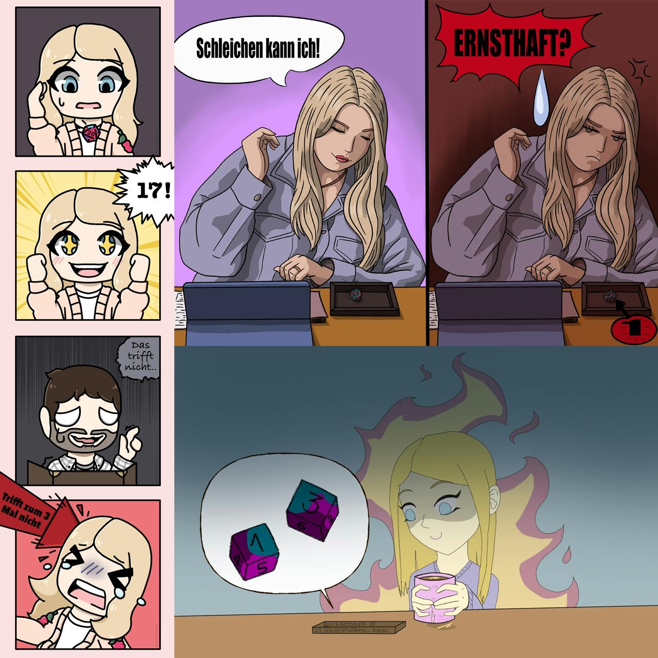 Collage: mehrere Comics, wie Rieke auch in den Videos zu sehen ist, die ihr Würfelpech erzählen