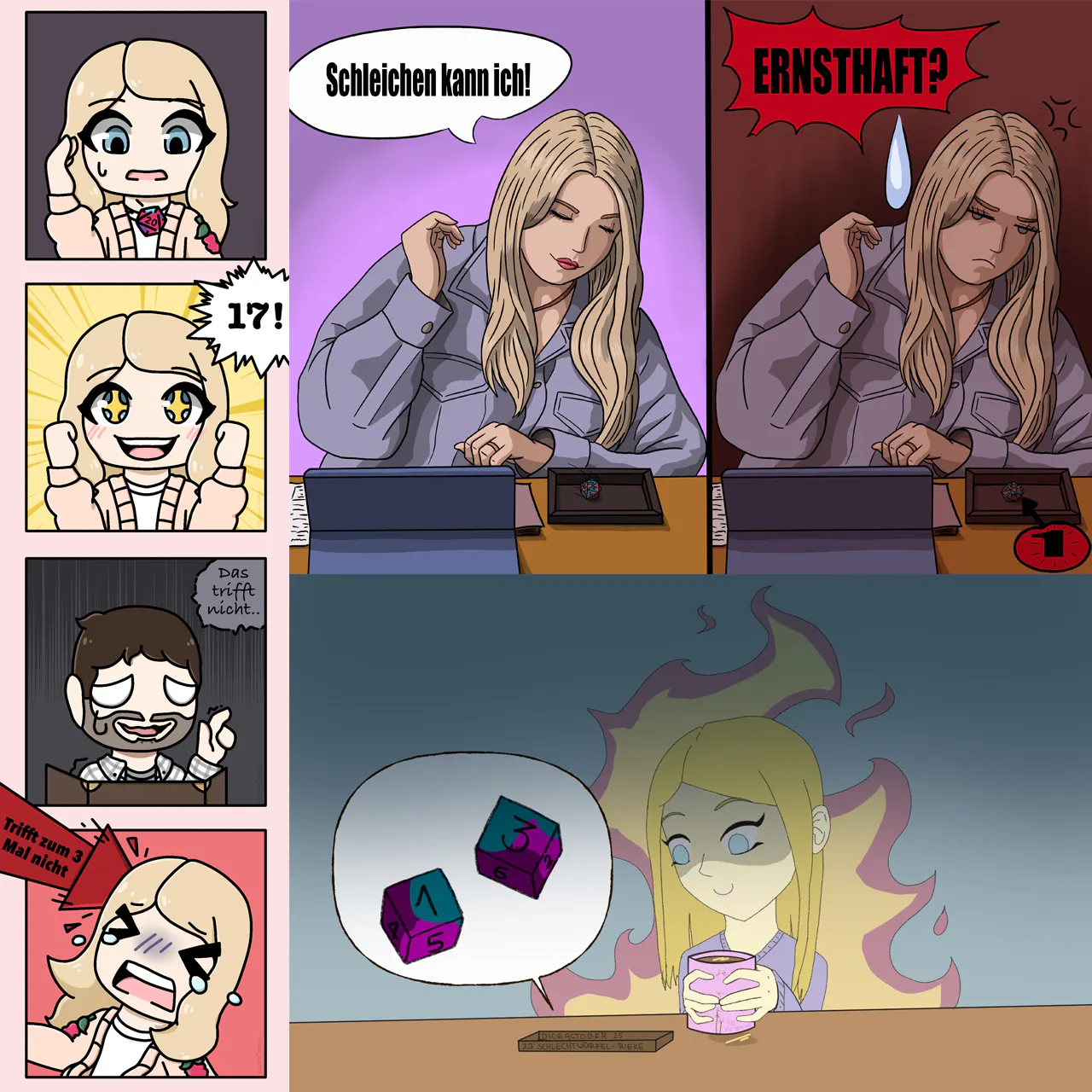 Collage: mehrere Comics, wie Rieke auch in den Videos zu sehen ist, die ihr Würfelpech erzählen