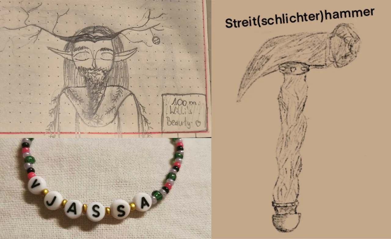 Collage: Baldare, Streit(schlichter)hammer, "Vjassa"-Armband