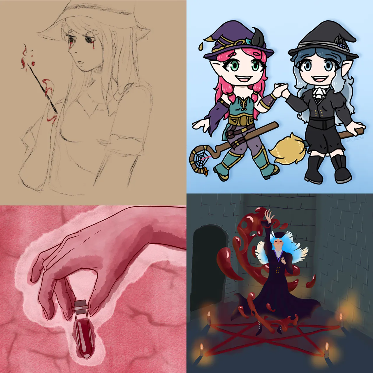 Collage: Caoimhe wirkt Blutmagie, eine Phiole in einer Hand, Caoimhe und Elaynie auf ihren Fluggeräten