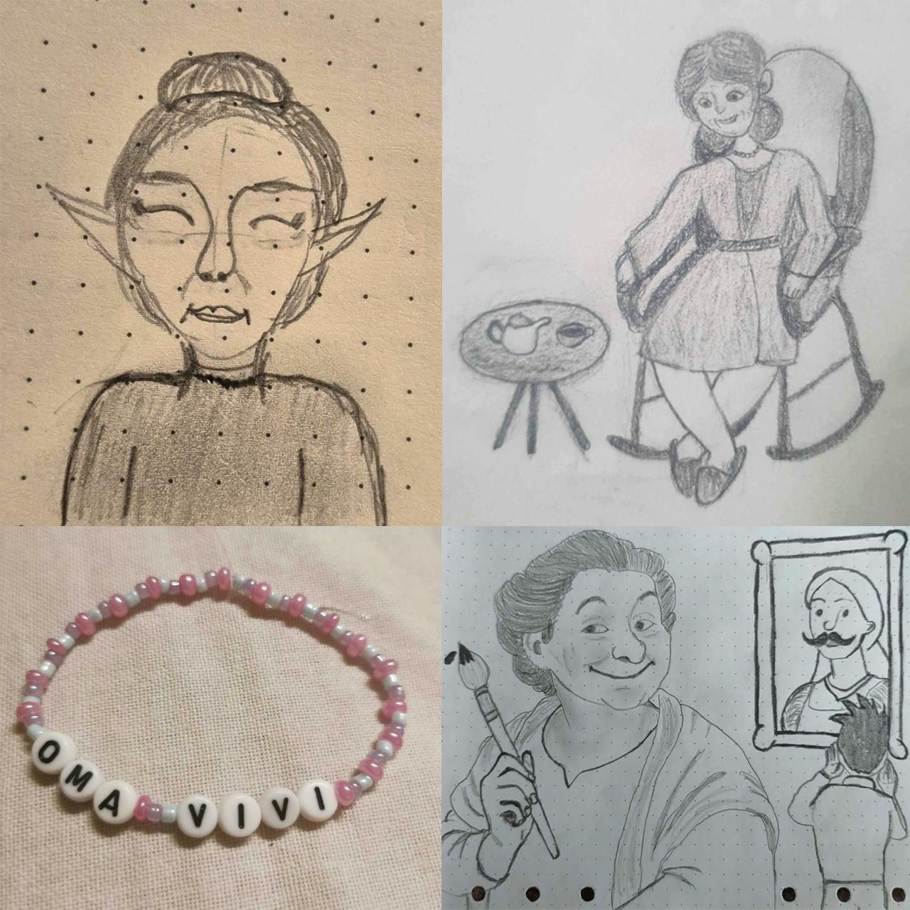Collage: Armband und mehrere freundlich lächelnde Oma Vivis