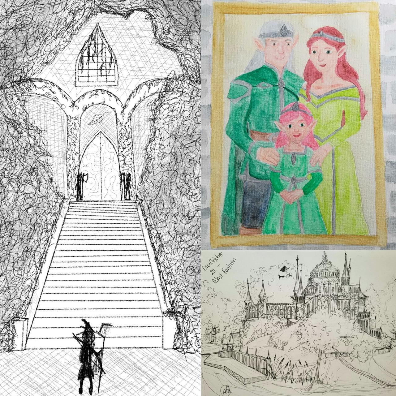 Collage: imposanter Treppenaufgang zum Palast, Gemälde von junger Elaynie mit Eltern, Palastskizze