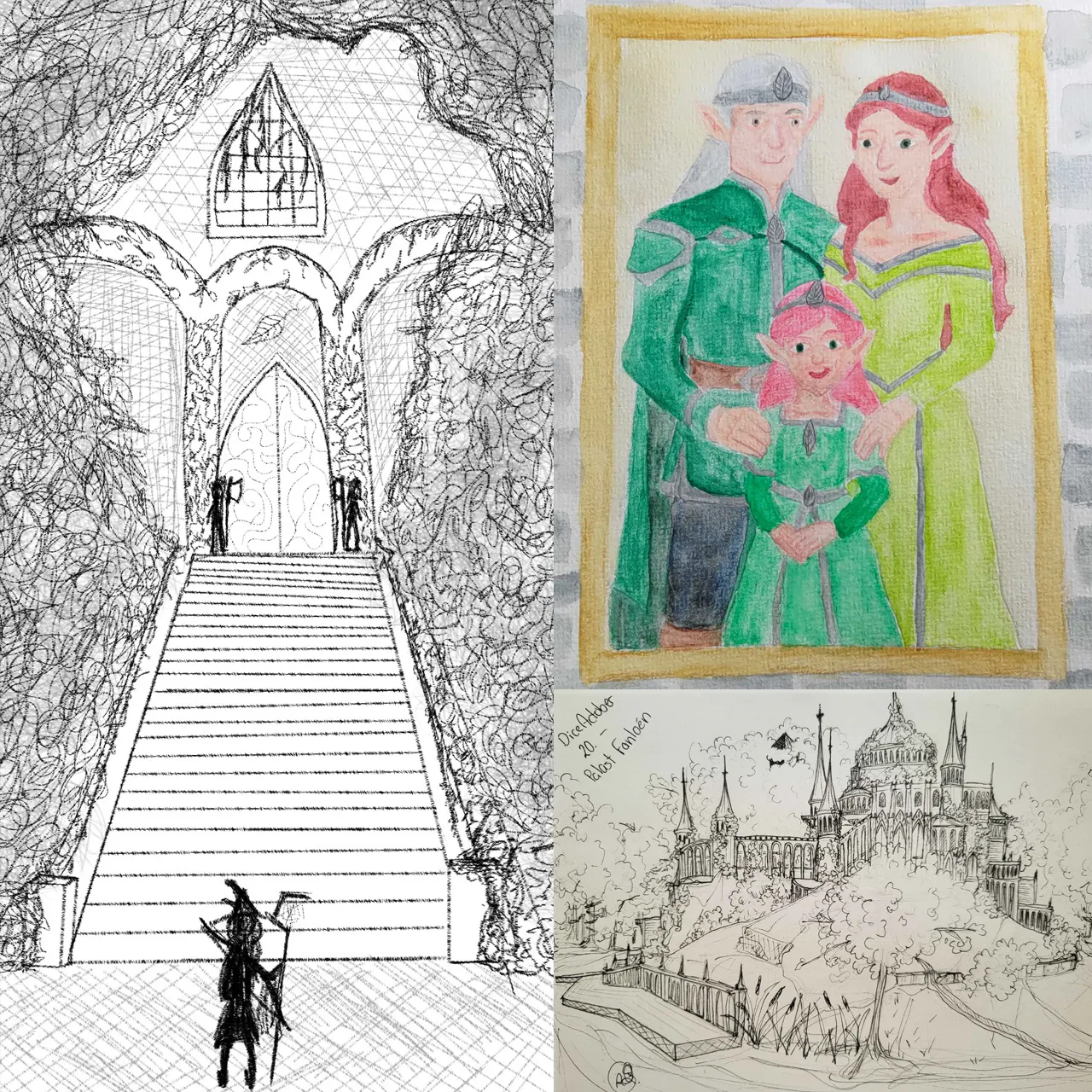 Collage: imposanter Treppenaufgang zum Palast, Gemälde von junger Elaynie mit Eltern, Palastskizze