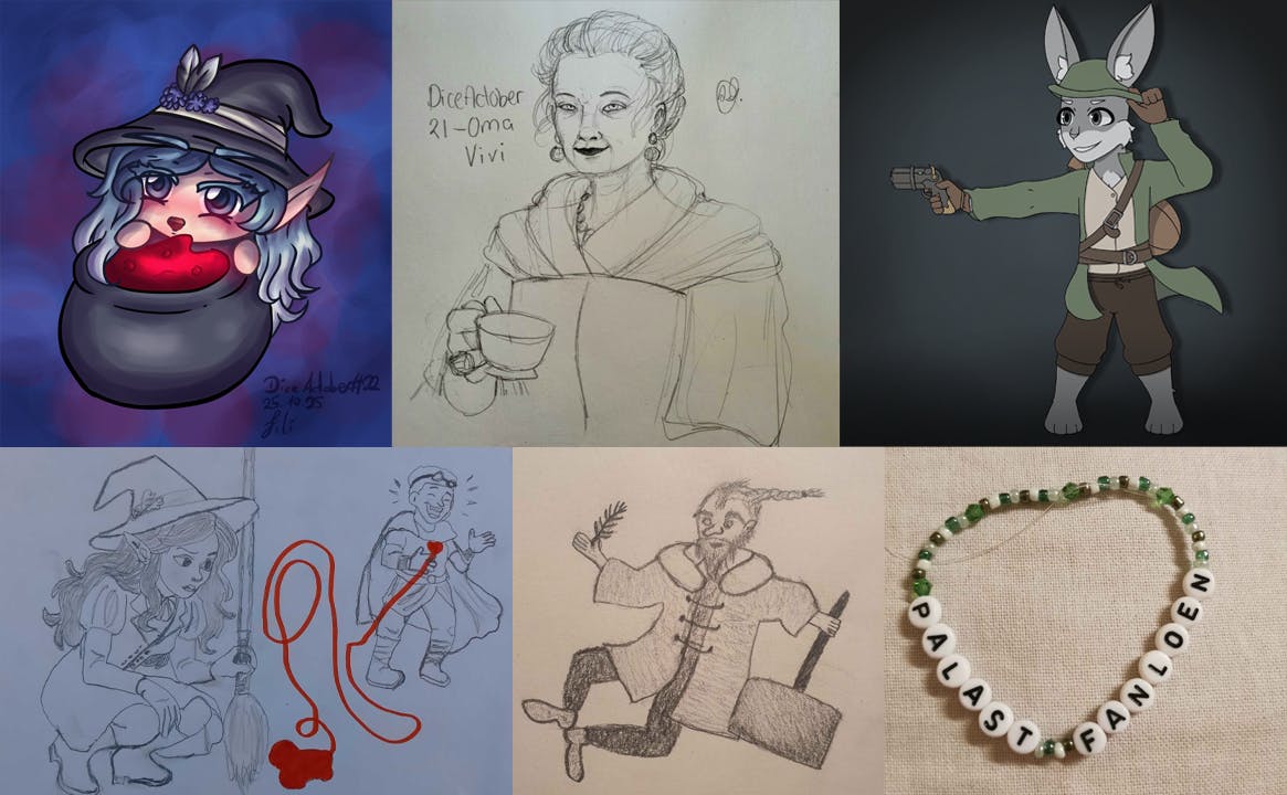 Collage: Caoimhe mit Kessel, Oma Vivi mit Teetasse, freundlicher Leorcan im Comic-Stil, Caoimhe folgt Perens Blut, Carlossos und "Palast Fanloén"-Armband