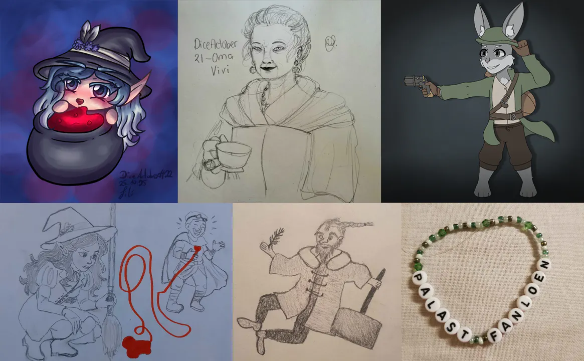 Collage: Caoimhe mit Kessel, Oma Vivi mit Teetasse, freundlicher Leorcan im Comic-Stil, Caoimhe folgt Perens Blut, Carlossos und "Palast Fanloén"-Armband