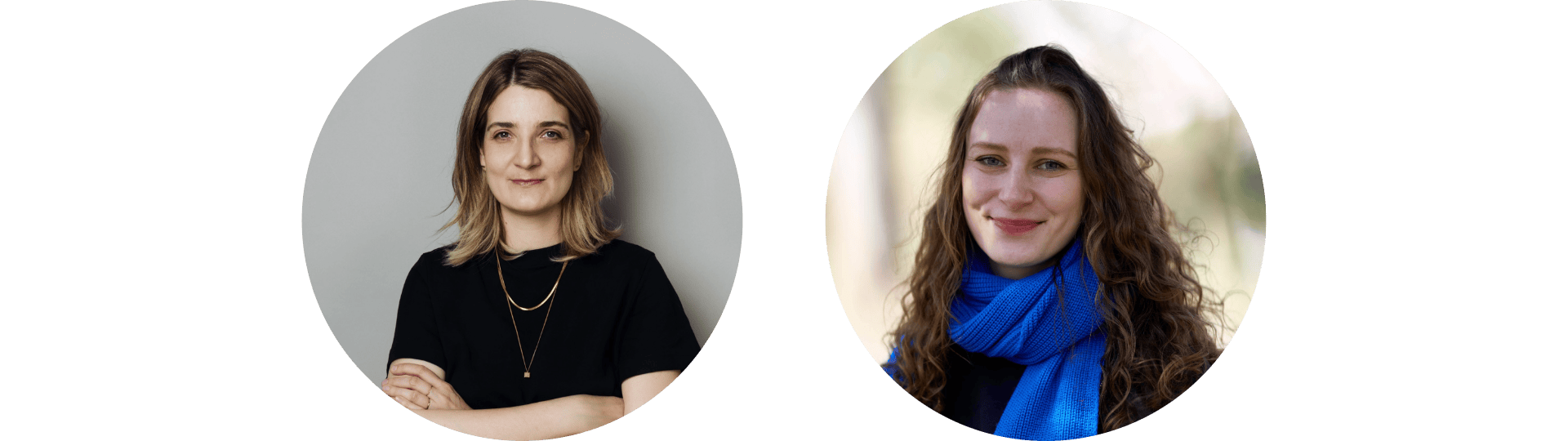 Zwei Porträt-Fotos zeigen Sara Schurmann und Leoni Bender. Sara trägt schulterlanges Haar, ein schwartes T-Shirt und Ketten. Leoni hat braune Locken und trägt einen blauen Schal.