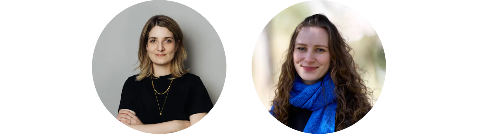 Zwei Porträt-Fotos zeigen Sara Schurmann und Leoni Bender. Sara trägt schulterlanges Haar, ein schwartes T-Shirt und Ketten. Leoni hat braune Locken und trägt einen blauen Schal.