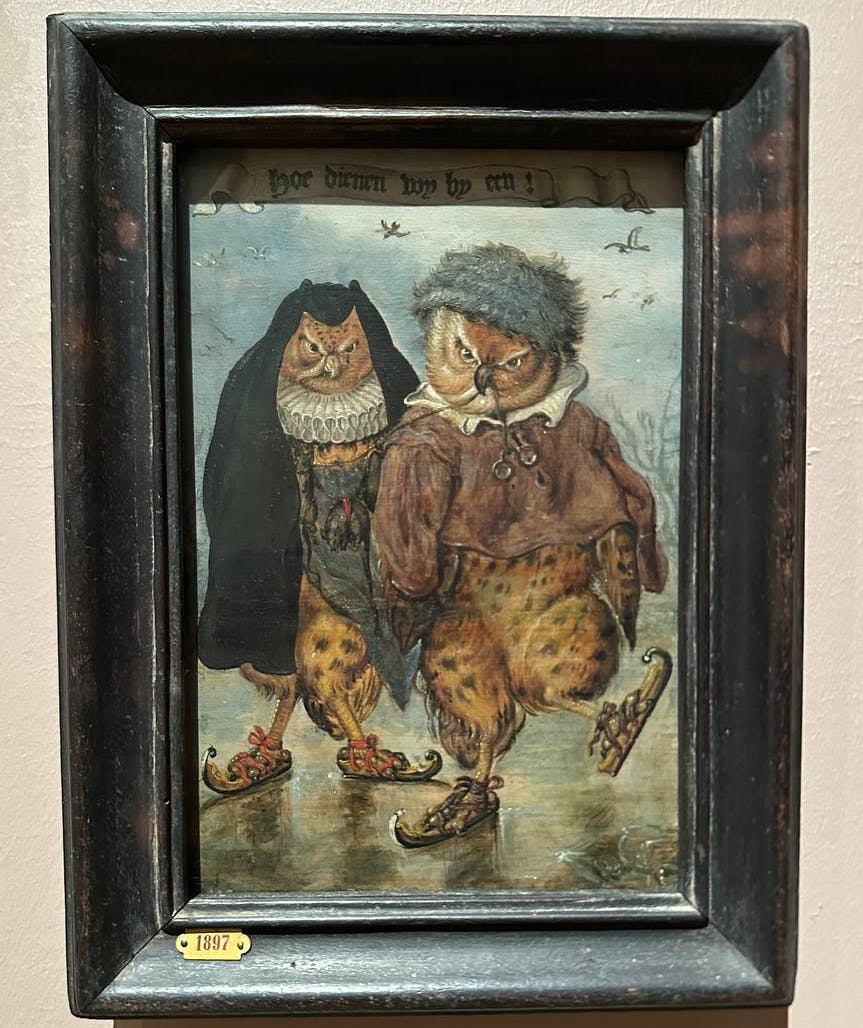 Zwei Eulen in Winterkleidung, die Schlittschuh laufen