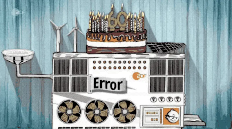 ZDF-Grafik mit einer gezeichneten Maschine, die offenbar das ZDF symbolisieren soll und „Error“ anzeigt.
