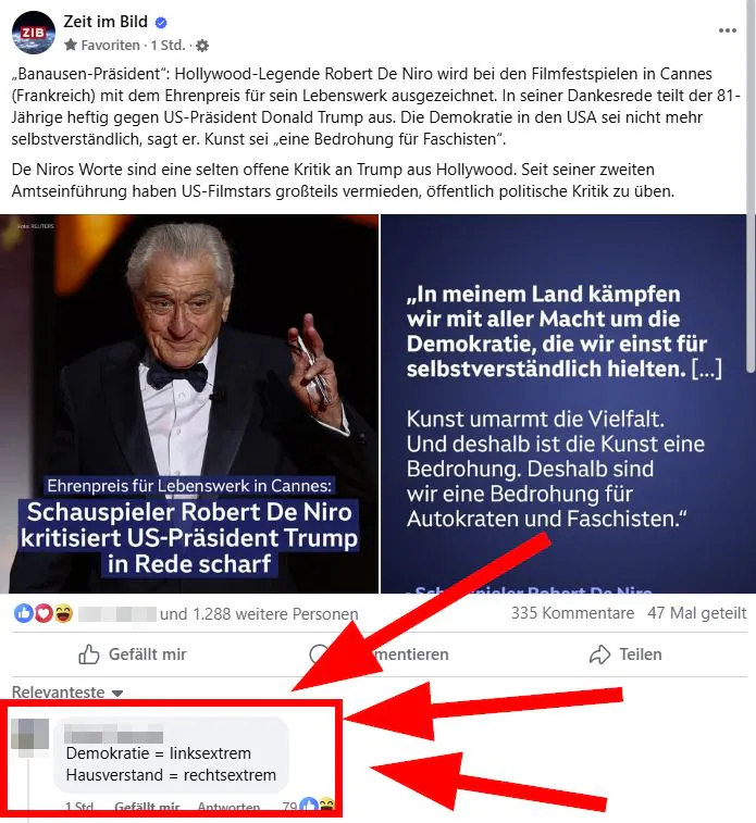 Screenshot eines Facebook-Beitrags der Zeit im Bild zu Kritik von Robert De Niro an US-Präsident Trump mit einem Kommentar, der die Demokratie als linksextrem bezeichnet.