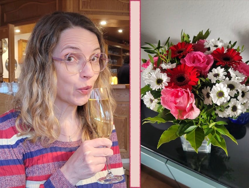 Zweigeteiltes Bild, auf der einen Seite Christine Piontek mit einem Glas Sekt, auf der anderen farblich passend zum Pulli ein Blumenstrauß in Weiß, Rot und Rosa.