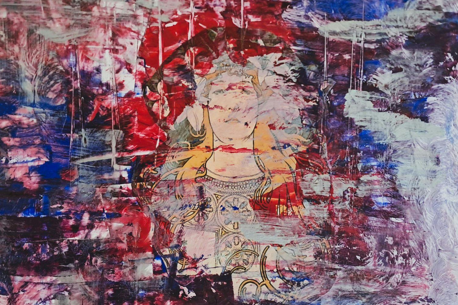 Collage in rot und blauen Tönen, mit Gesicht in der Mitte.