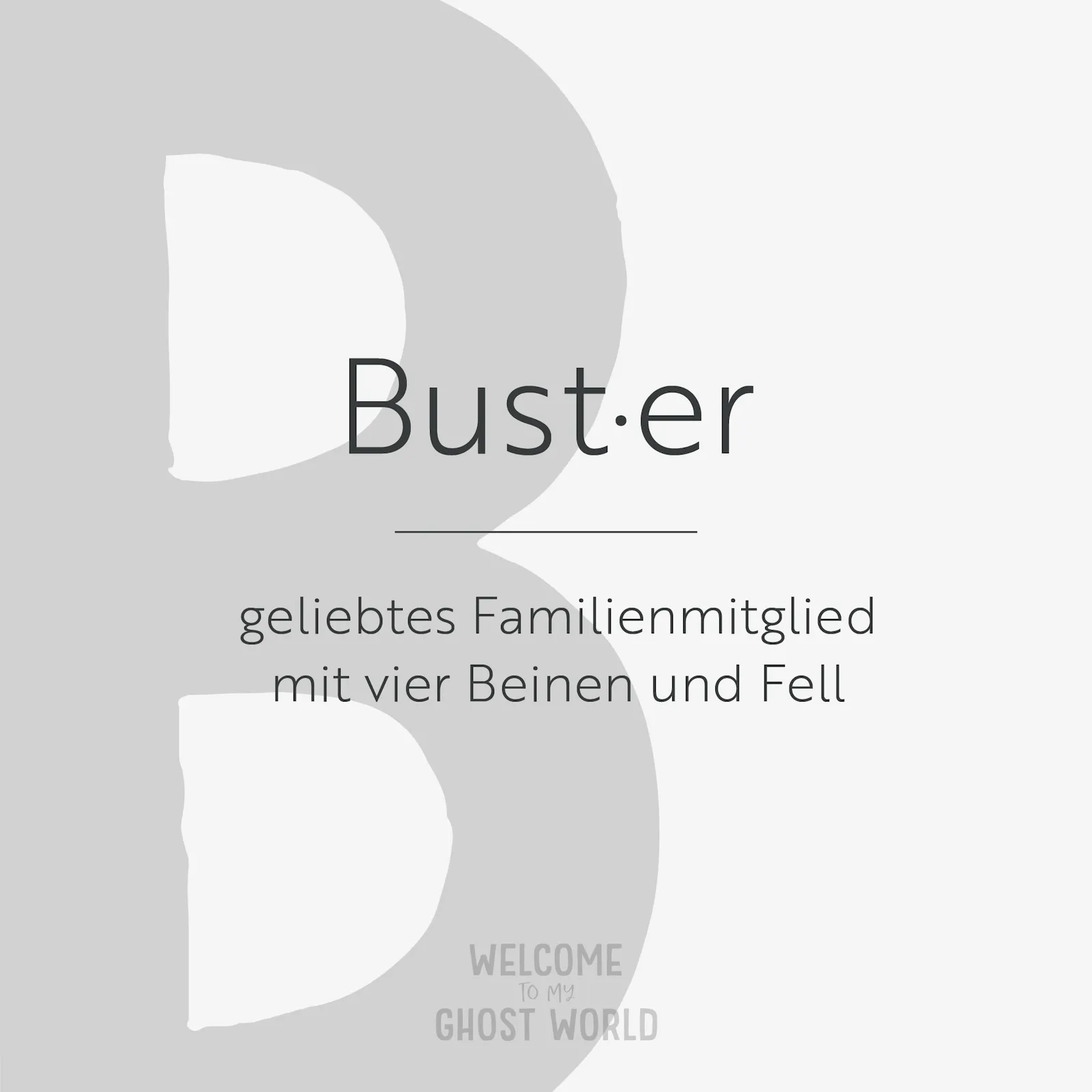Ein großes graues B auf hellem Hintergrund. Darauf der Text:
Buster – geliebtes Familienmitglied mit vier Beinen und Fell