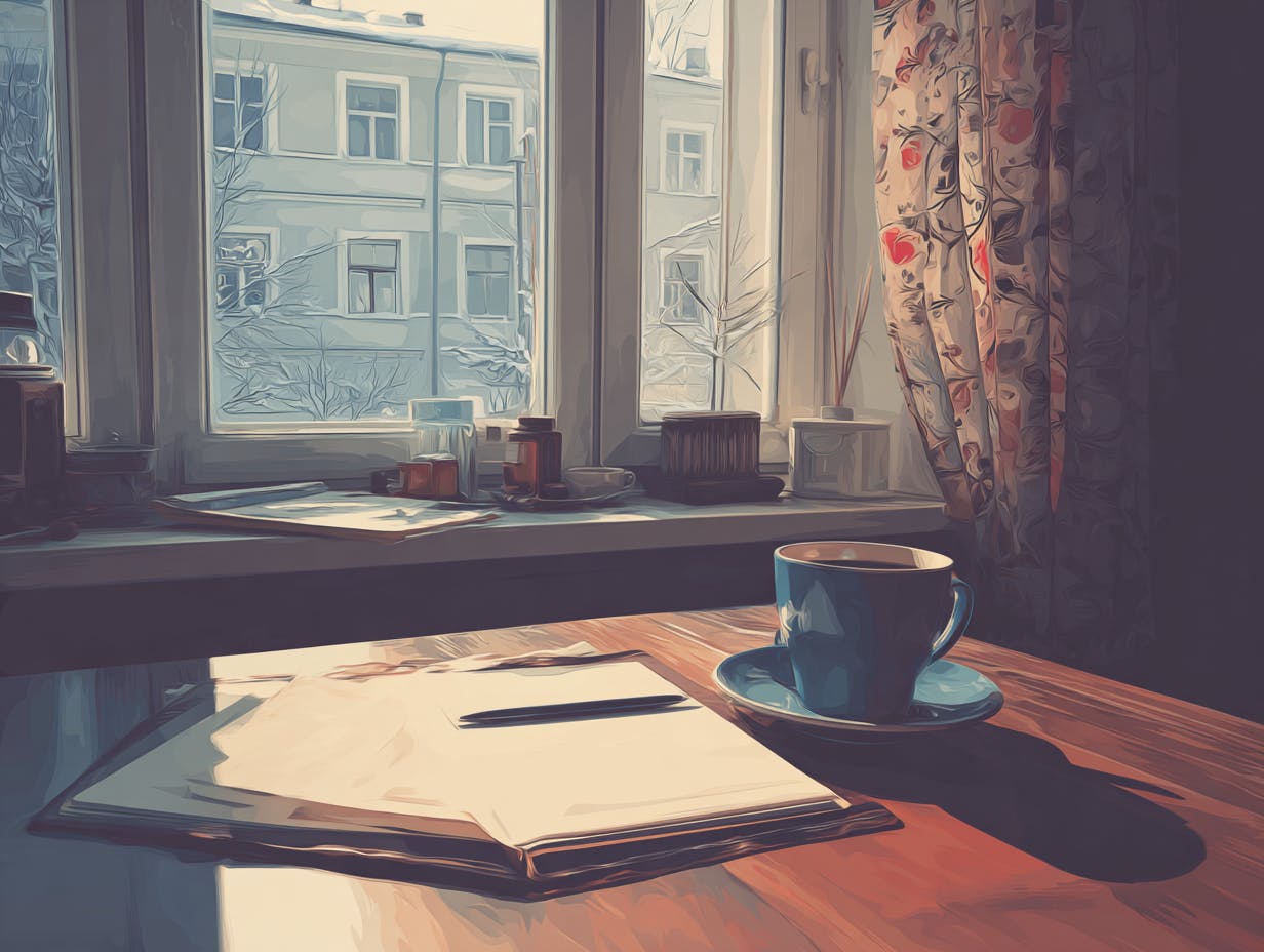 Eine Tasse Kaffee und ein Notizbuch auf einem Tisch.