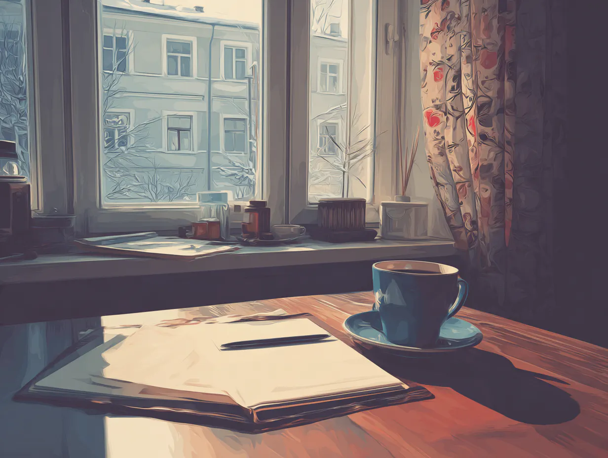 Eine Tasse Kaffee und ein Notizbuch auf einem Tisch.