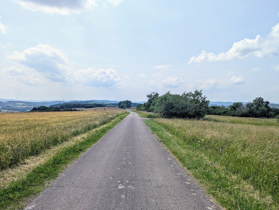Asphaltweg auf einer Hochfläche zwischen Feldern hindurch,im Hintergrund  am Wegrand einzelne Büsche und Bäume