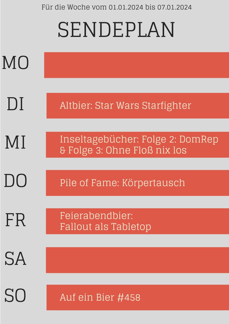 Für die Woche vom 01.01.2024 bis 07.01.2024 SENDEPLAN MO DI Altbier: Star Wars Starfighter MI Inseltagebücher: Folge 2: DomRep & Folge 3: Ohne Floß nix los DO Pile of Fame: Körpertausch FR Feierabendbier: Fallout als Tabletop SA SO Auf ein Bier #458“