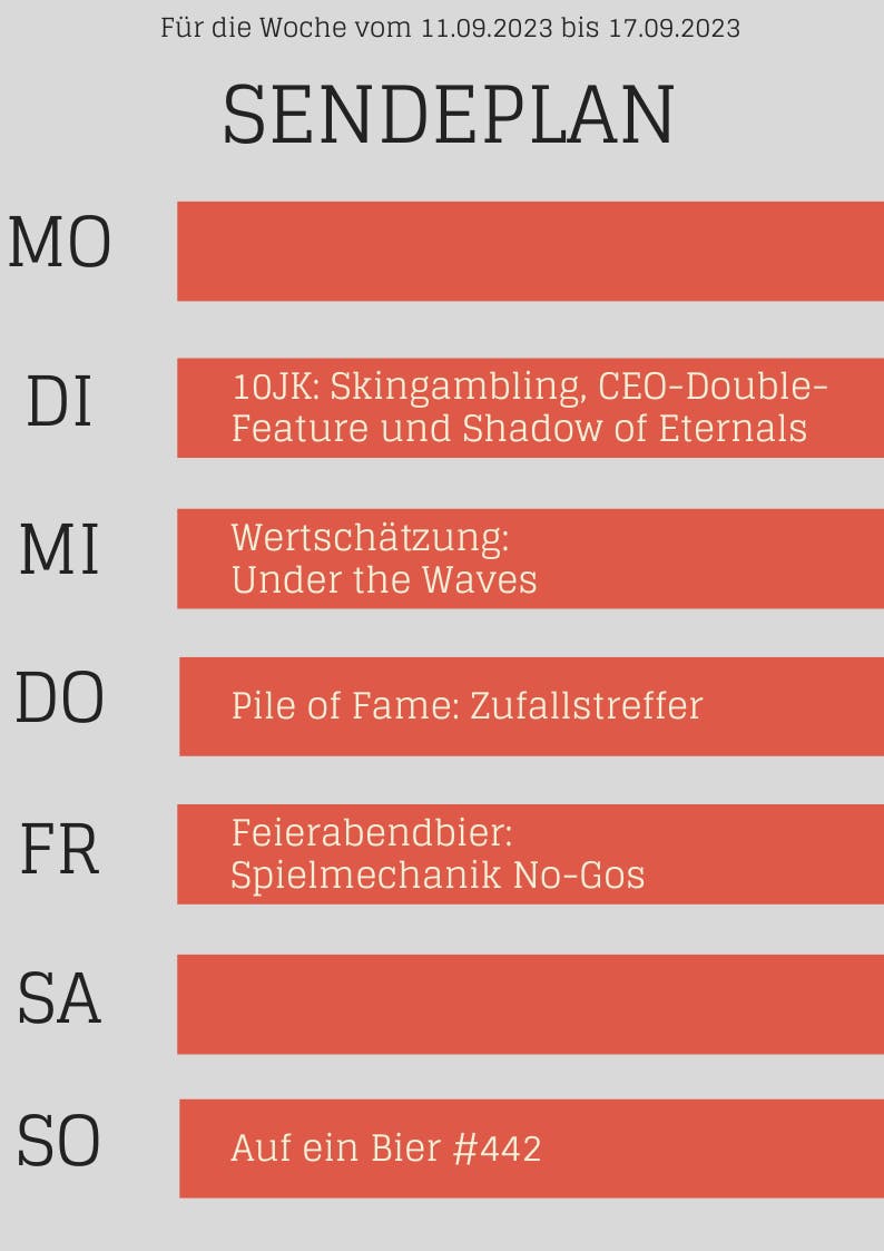 Für die Woche vom 11.09.2023 bis 17.09.2023 SENDEPLAN 

DI 10JK: Skingambling, CEO-Double- Feature und Shadow of Eternals 

MI Wertschätzung: Under the Waves 
DO Pile of Fame: Zufallstreffer 
FR Feierabendbier: Spielmechanik No-Gos 
SO Auf ein Bier #442