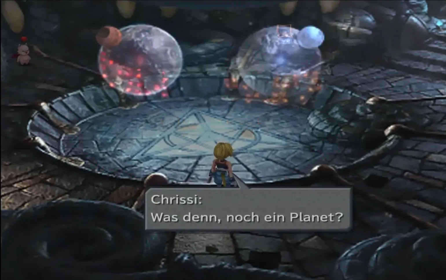 Zidane in Final Fantasy 9 in Oeil Vert vor Abbildungen der zwei Planeten.