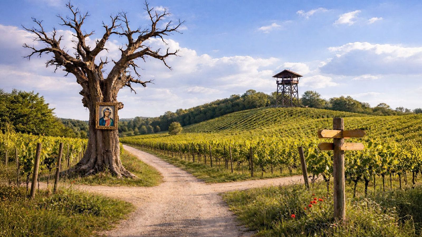 Ein malerischer Weinberg-Wanderweg mit altem Bildbaum, Wegweiser und Aussichtsturm – ein Beispiel für Navigation und Orientierung beim Wandern.