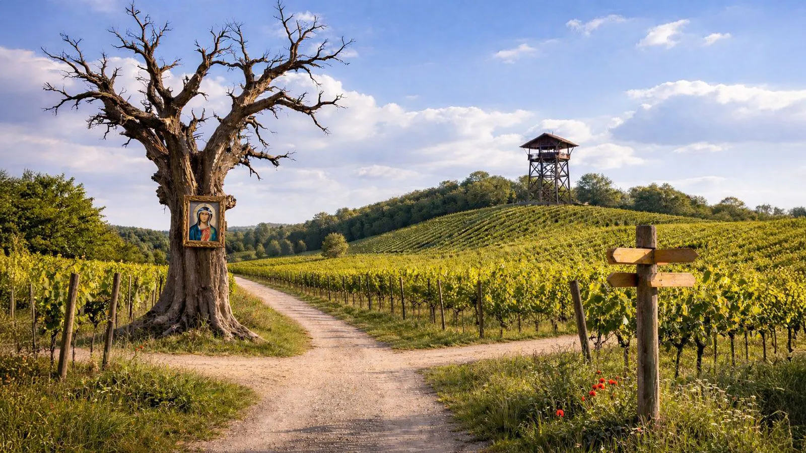 Ein malerischer Weinberg-Wanderweg mit altem Bildbaum, Wegweiser und Aussichtsturm – ein Beispiel für Navigation und Orientierung beim Wandern.