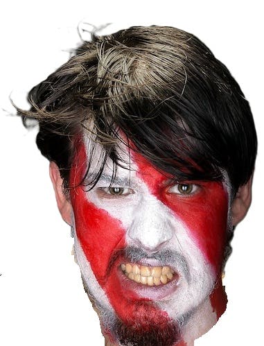 Gesicht eines Mannes, dunkles Haar
Gesicht bemalt: rot, weiß, rot, diagonale Streifen