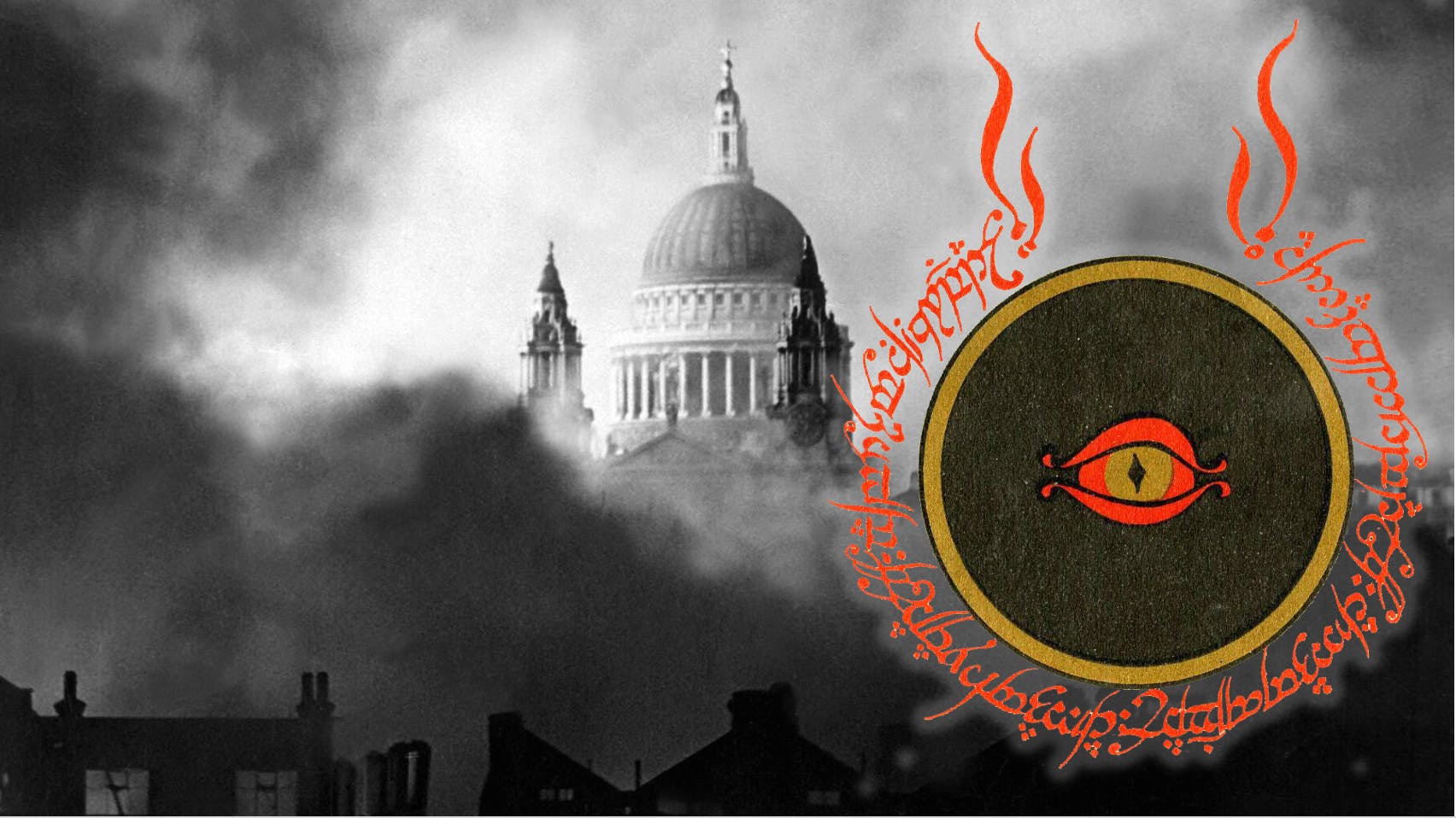 St Paul's Cathedral in the Blitz, 1940, with Lord of the Rings cover device showing the Eye, the Ring and is inscription