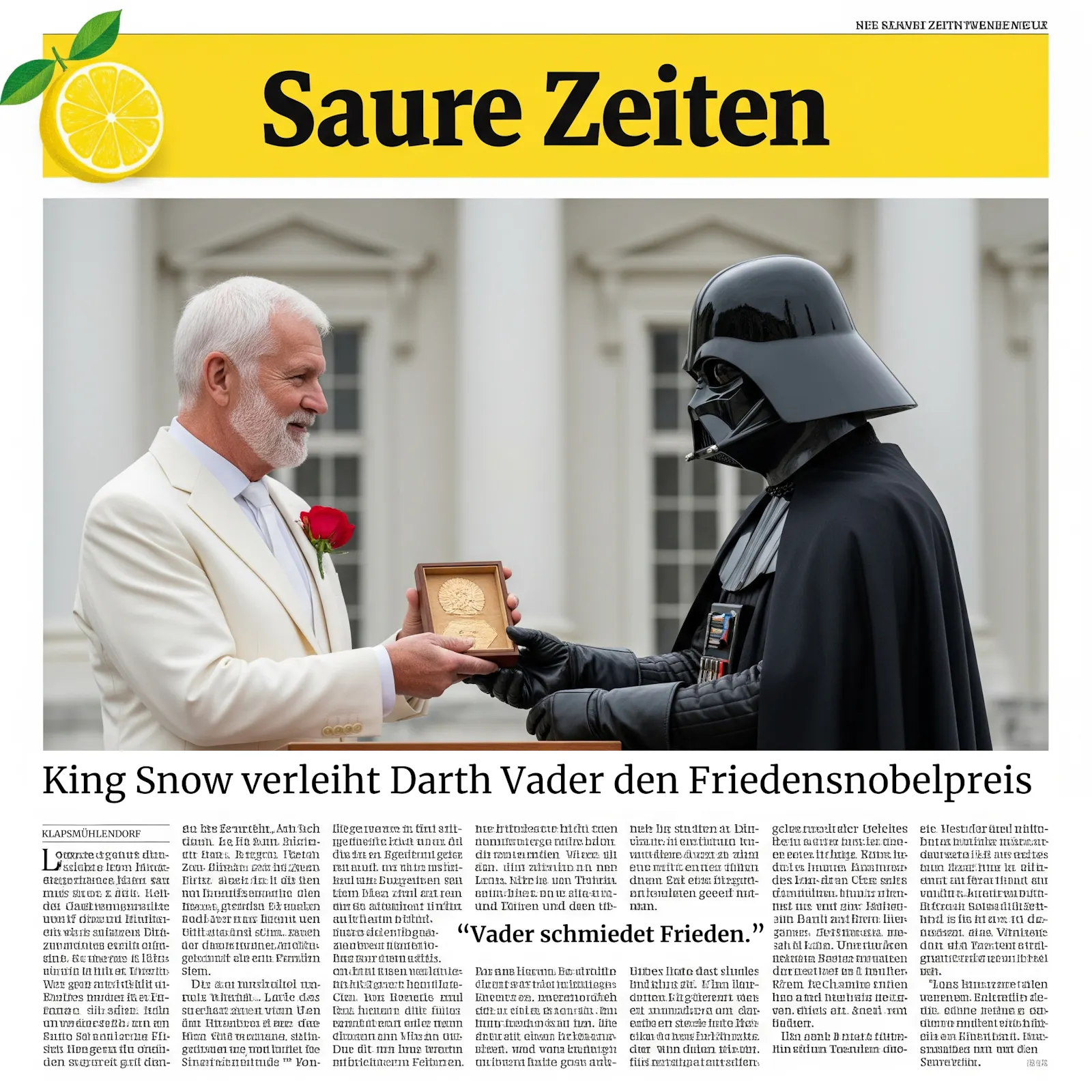 zeitungsartikel von saure zeiten, schwarze schrift vor einem gelben hintergrund. links ist eine halbe zitrone als logo. auf dem mit KI generierten foto sieht man king snow von hunger games, der vor dem weißen haus darth vader von star wars den friedensnobelpreis reicht.