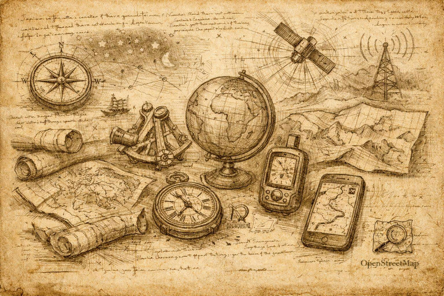 KI-generierte Illustration im Stil Leonardo da Vincis, die verschiedene Hilfsmittel zur Navigation zeigt.